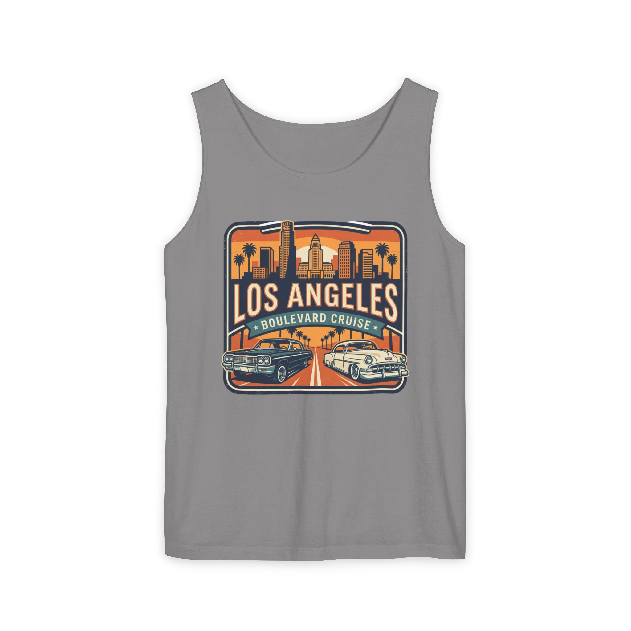 Los Angeles Boulevard Cruise Tank Top — Vintage City Skyline & Classic Cars
