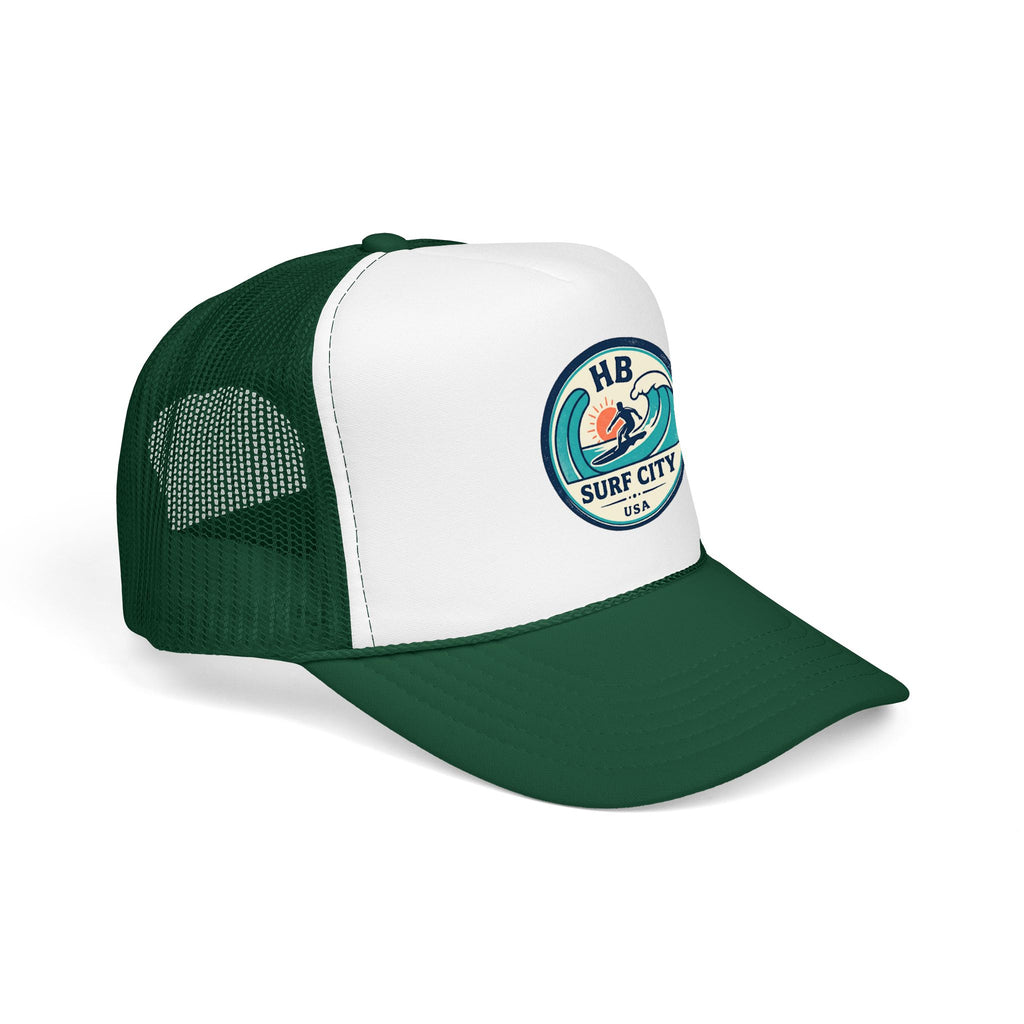 Surf City HB Trucker Hat — Retro Wave Surf Patch Foam Cap