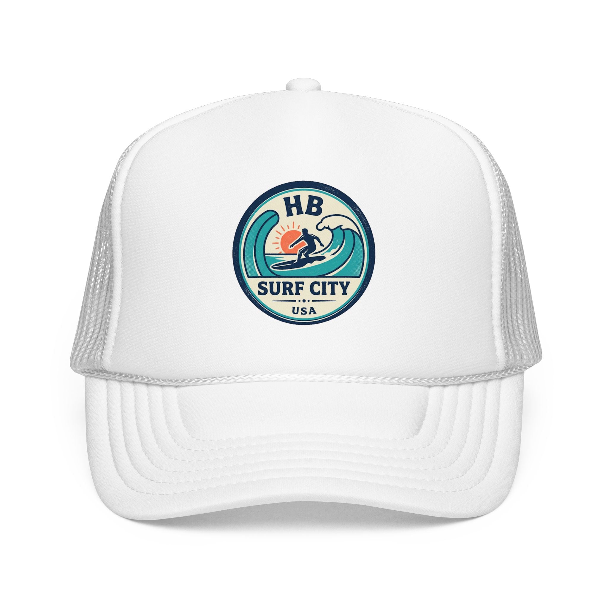 Surf City HB Trucker Hat — Retro Wave Surf Patch Foam Cap