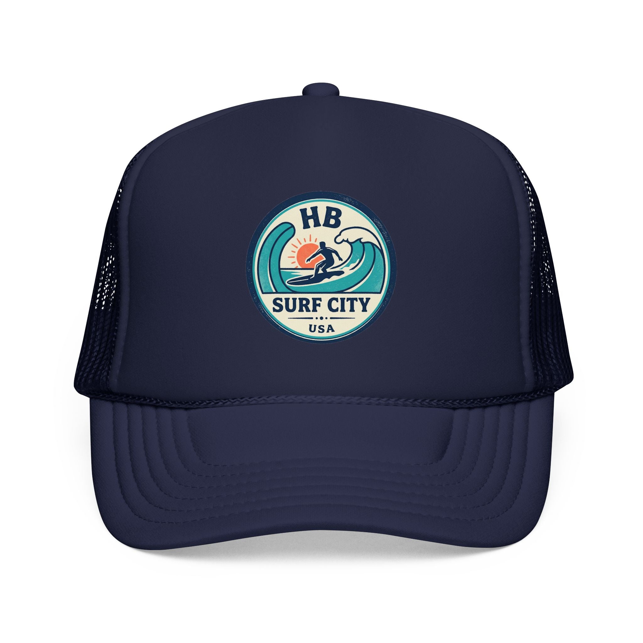 Surf City HB Trucker Hat — Retro Wave Surf Patch Foam Cap
