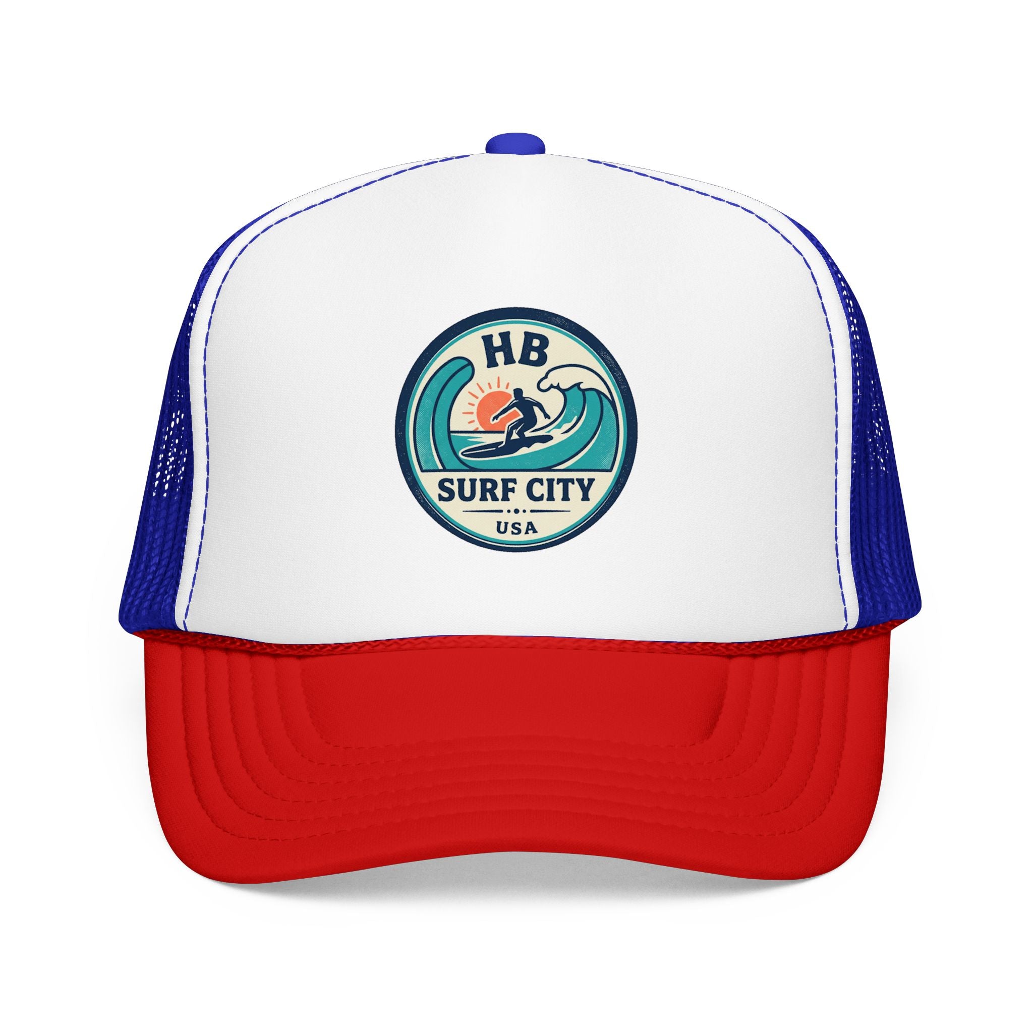 Surf City HB Trucker Hat — Retro Wave Surf Patch Foam Cap