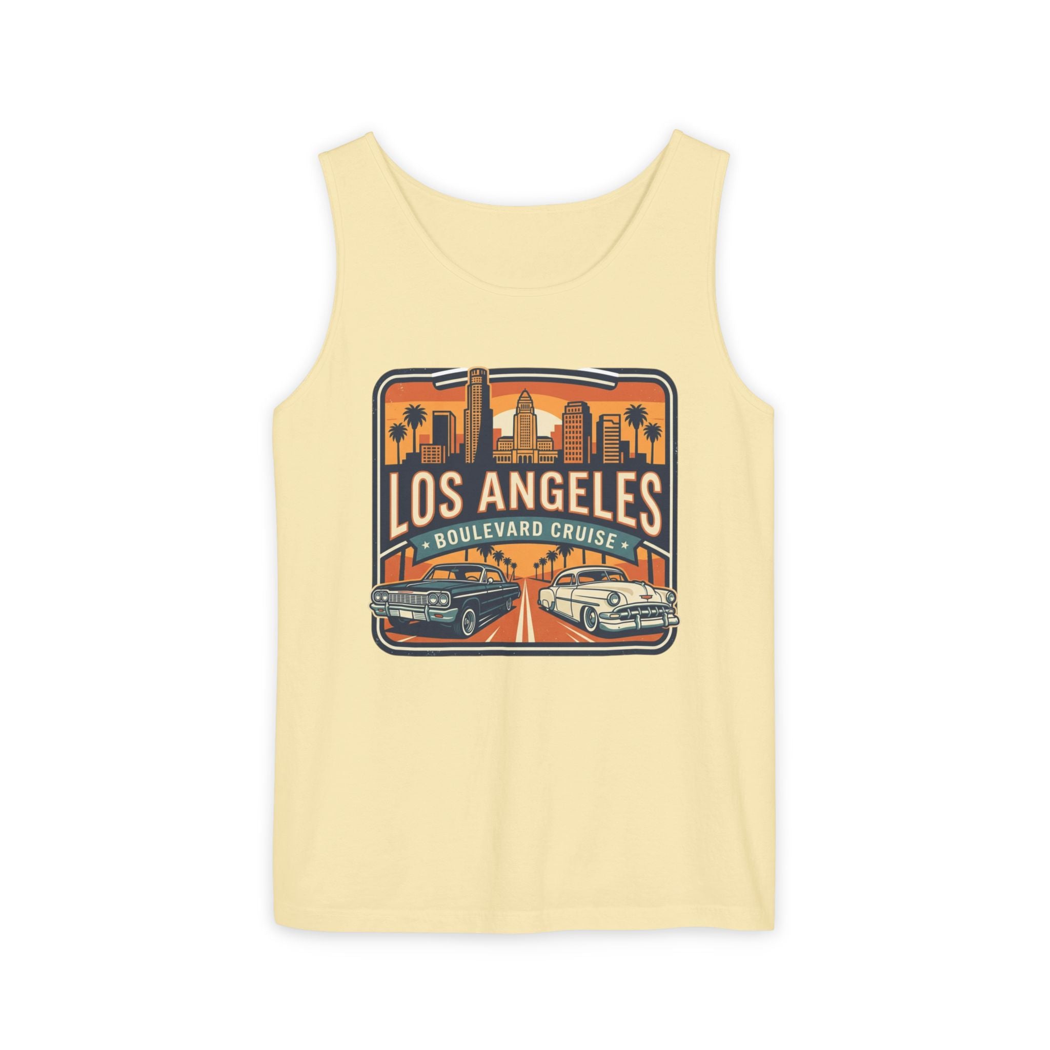 Los Angeles Boulevard Cruise Tank Top — Vintage City Skyline & Classic Cars