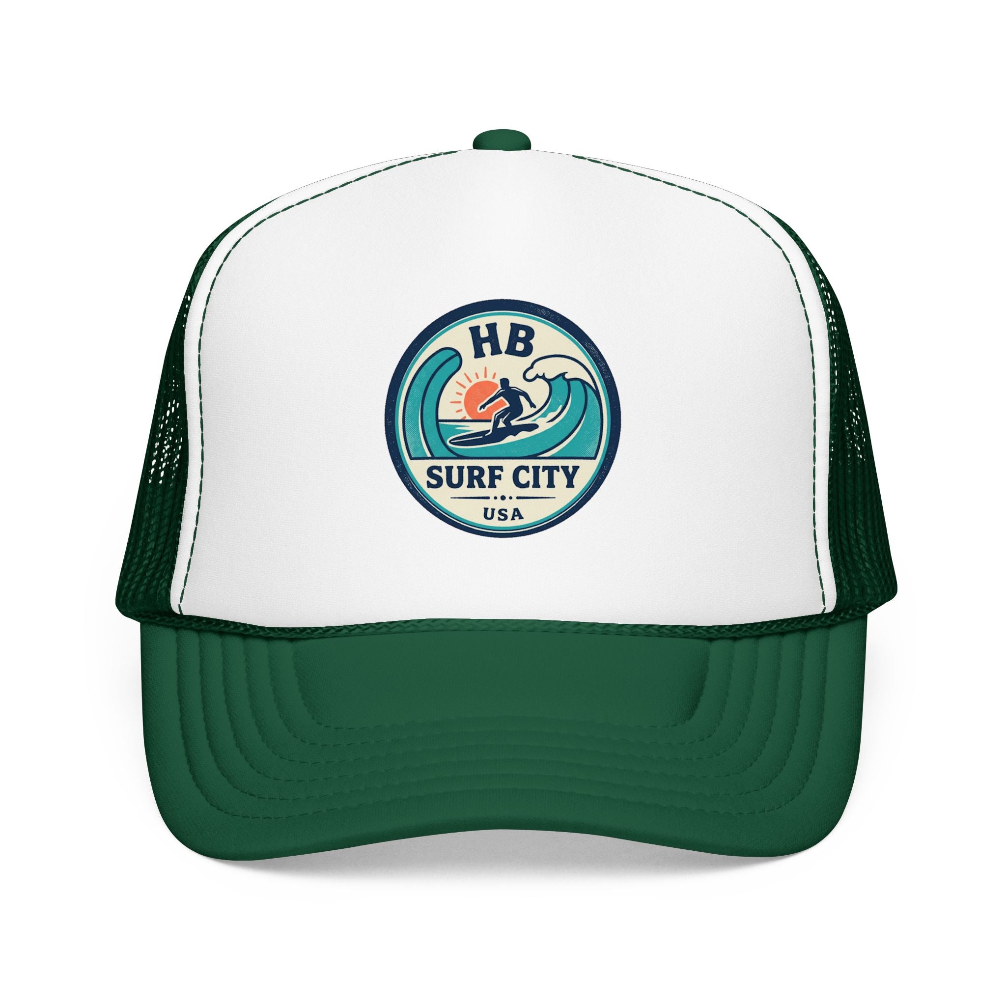 Surf City HB Trucker Hat — Retro Wave Surf Patch Foam Cap