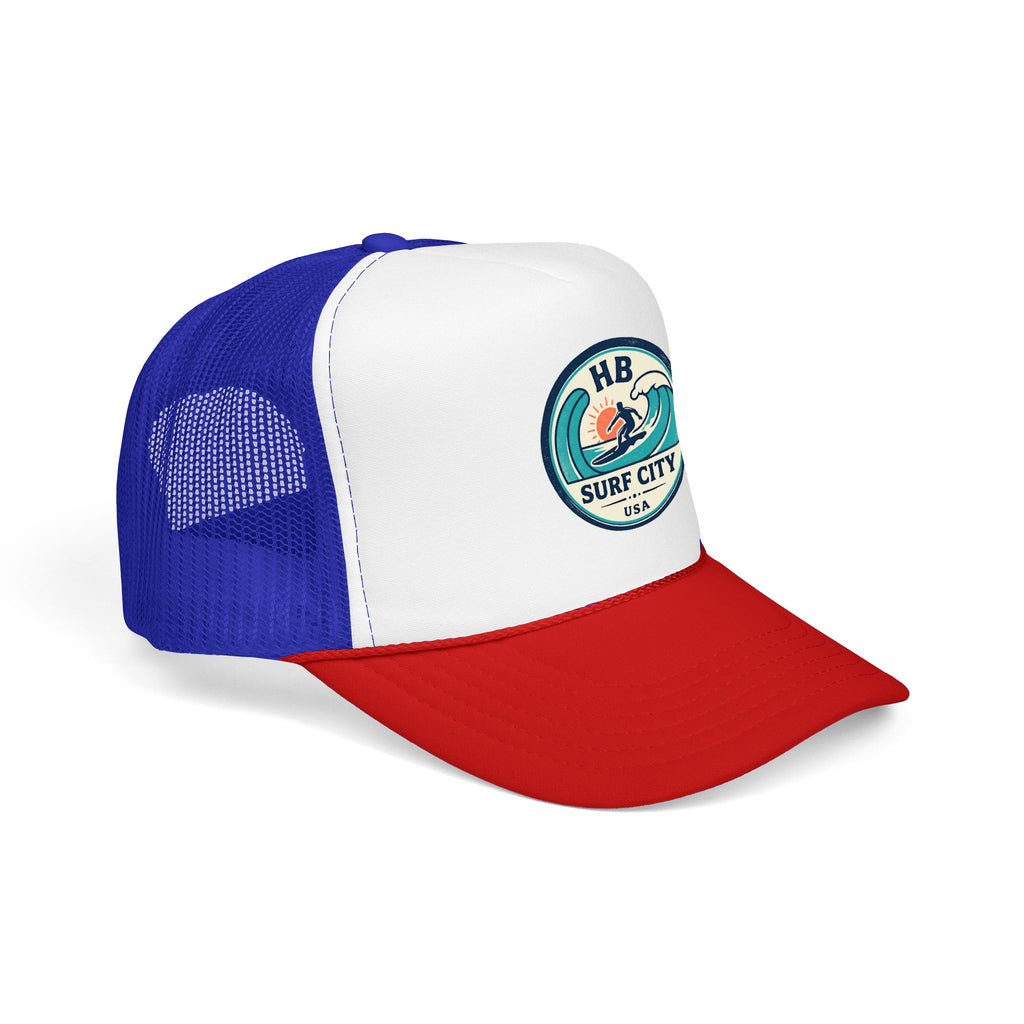 Surf City HB Trucker Hat — Retro Wave Surf Patch Foam Cap