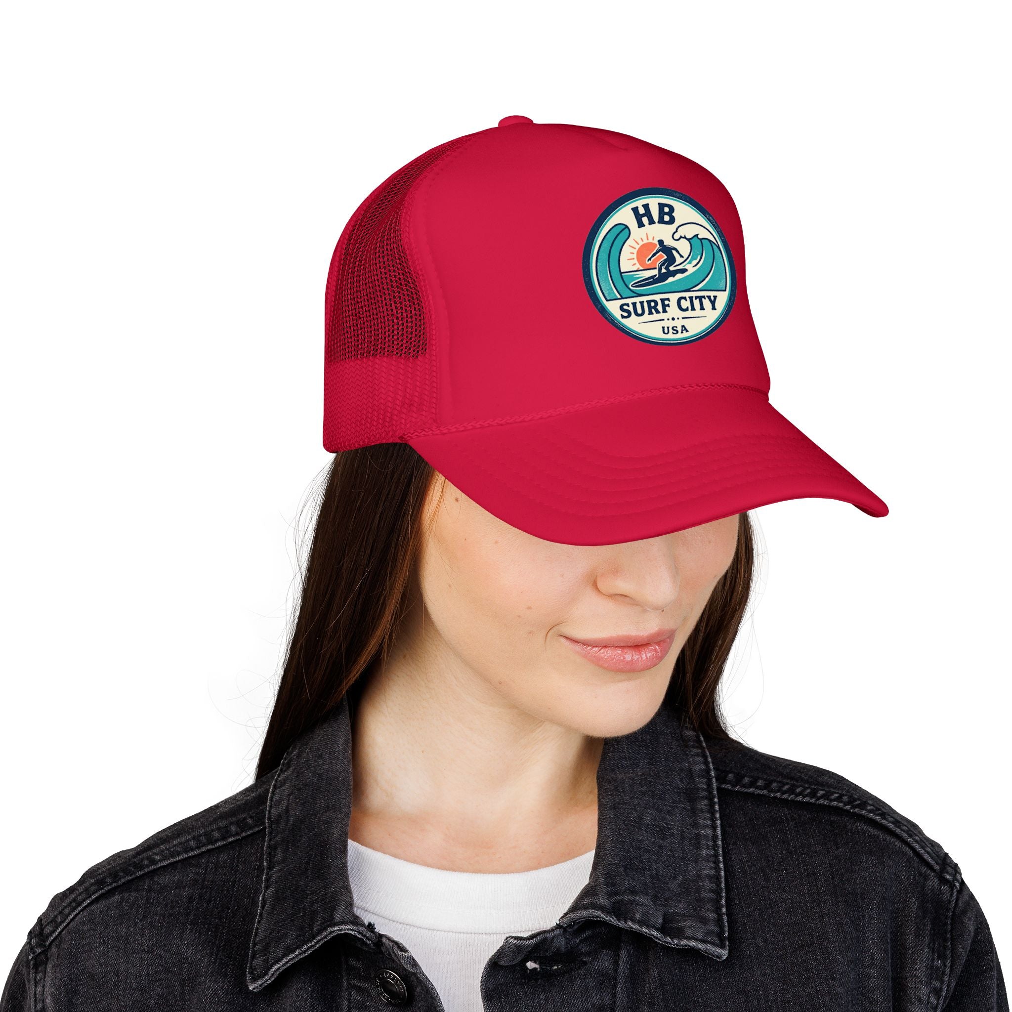 Surf City HB Trucker Hat — Retro Wave Surf Patch Foam Cap