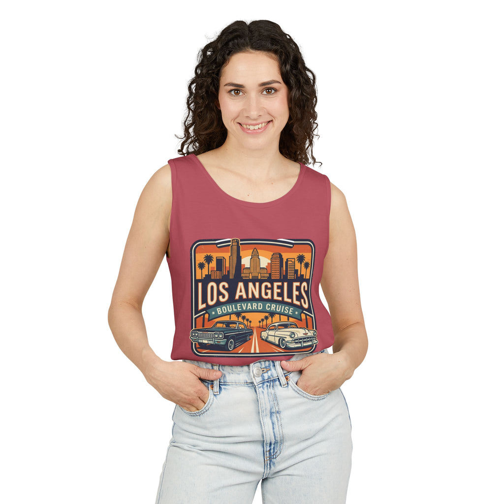 Los Angeles Boulevard Cruise Tank Top — Vintage City Skyline & Classic Cars
