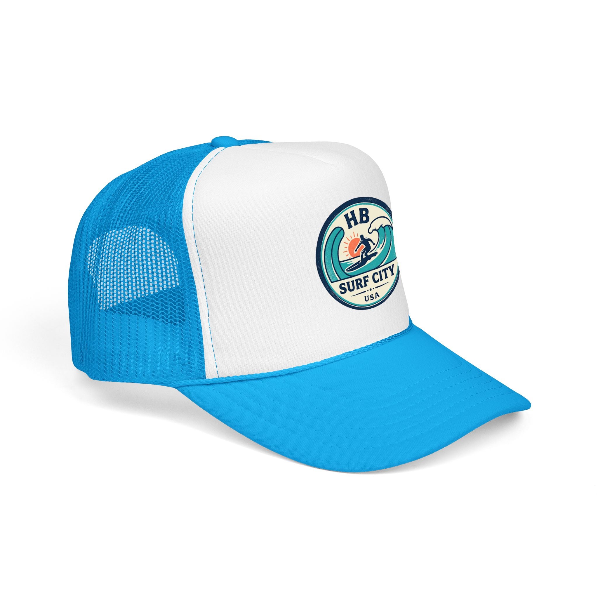 Surf City HB Trucker Hat — Retro Wave Surf Patch Foam Cap