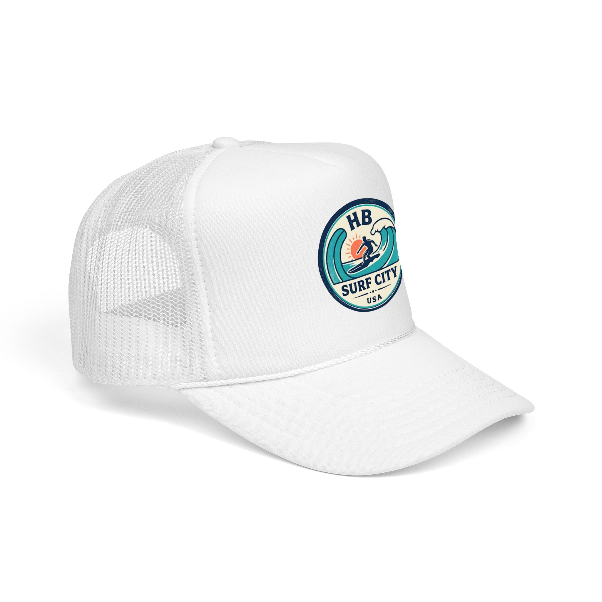 Surf City HB Trucker Hat — Retro Wave Surf Patch Foam Cap