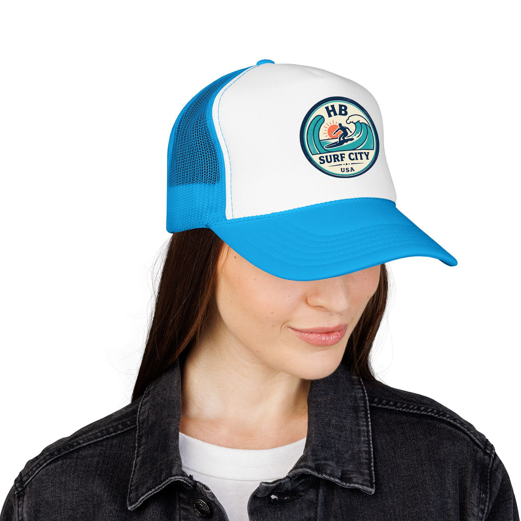 Surf City HB Trucker Hat — Retro Wave Surf Patch Foam Cap