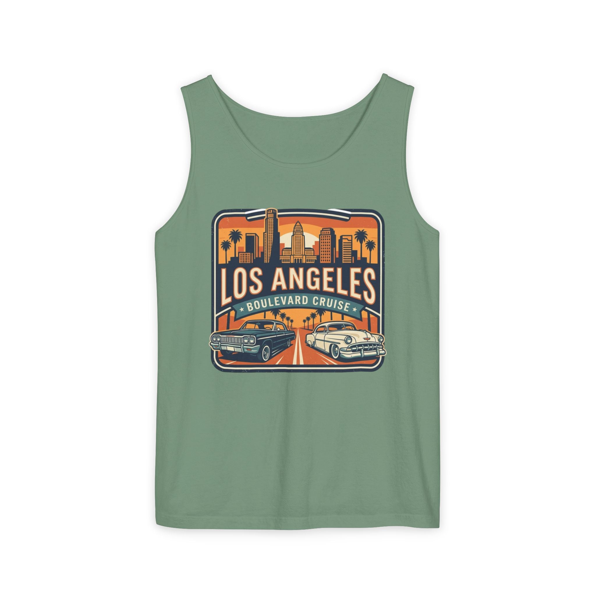 Los Angeles Boulevard Cruise Tank Top — Vintage City Skyline & Classic Cars