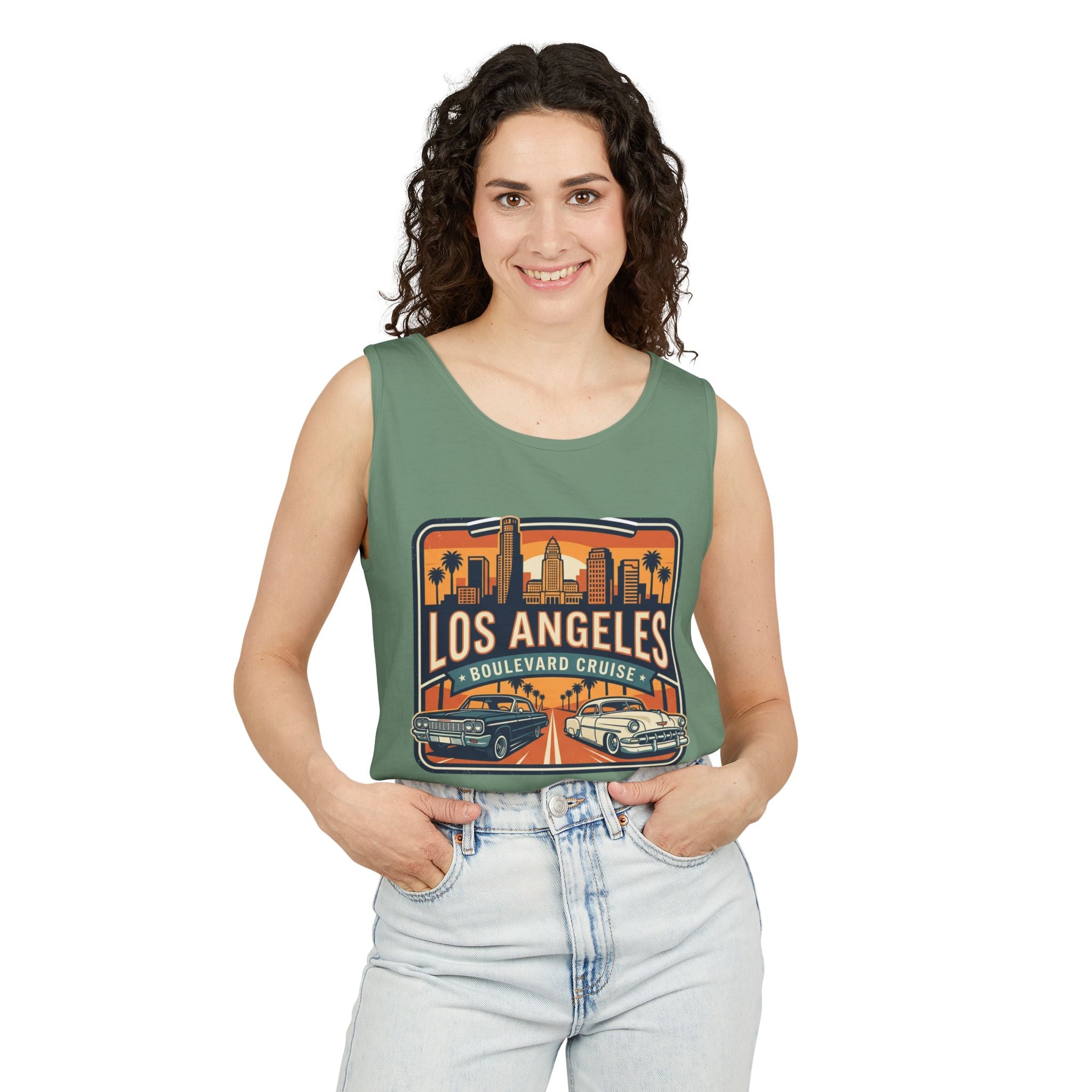 Los Angeles Boulevard Cruise Tank Top — Vintage City Skyline & Classic Cars