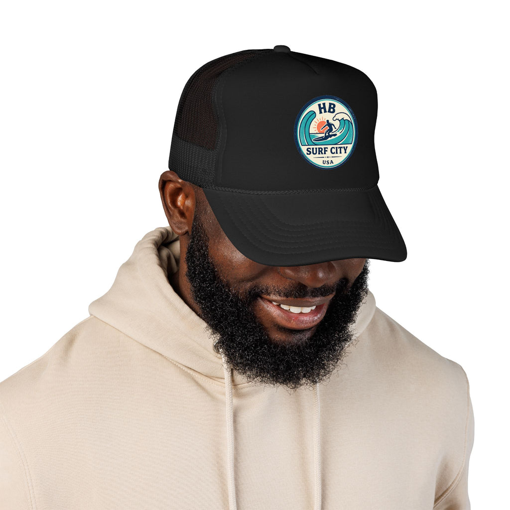 Surf City HB Trucker Hat — Retro Wave Surf Patch Foam Cap