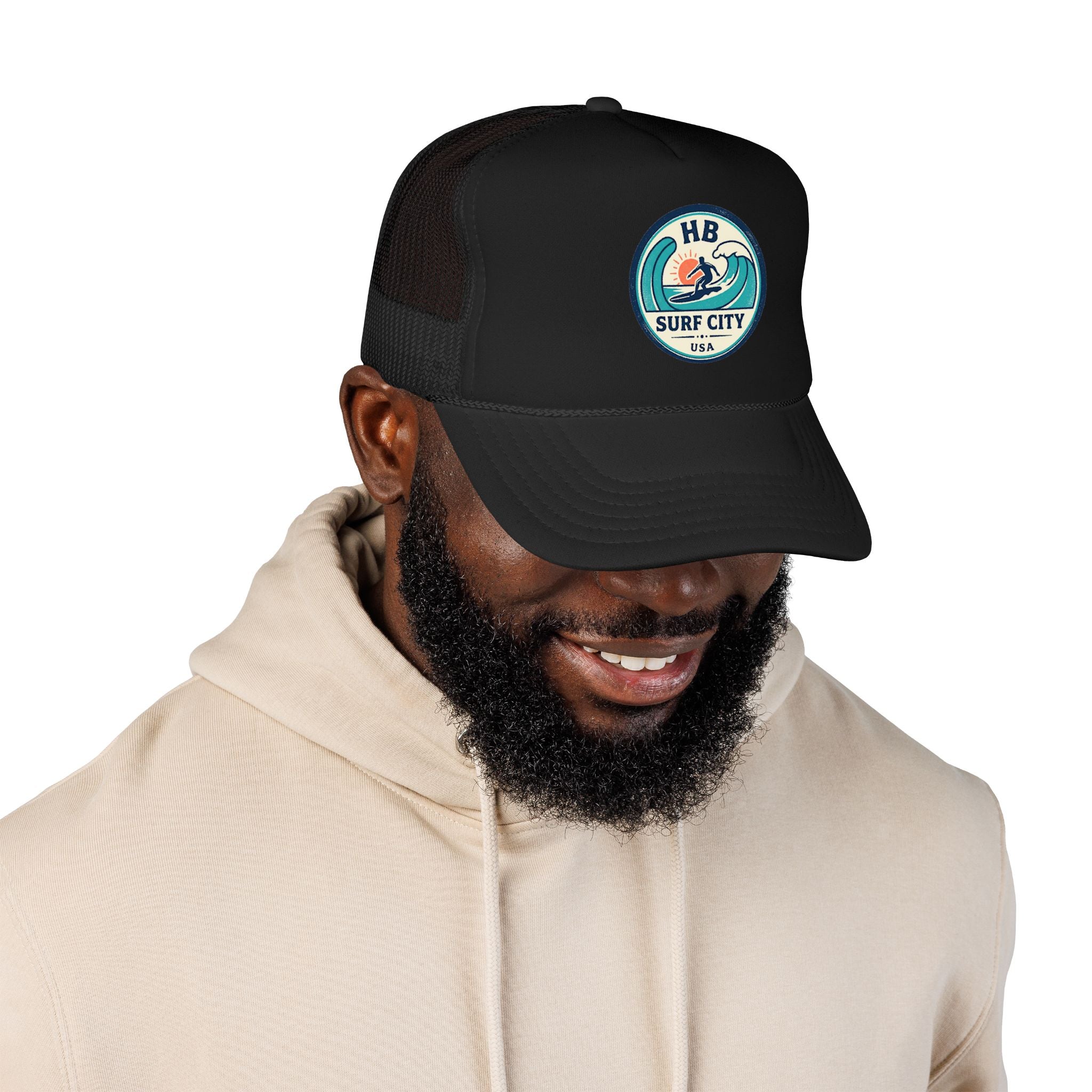 Surf City HB Trucker Hat — Retro Wave Surf Patch Foam Cap
