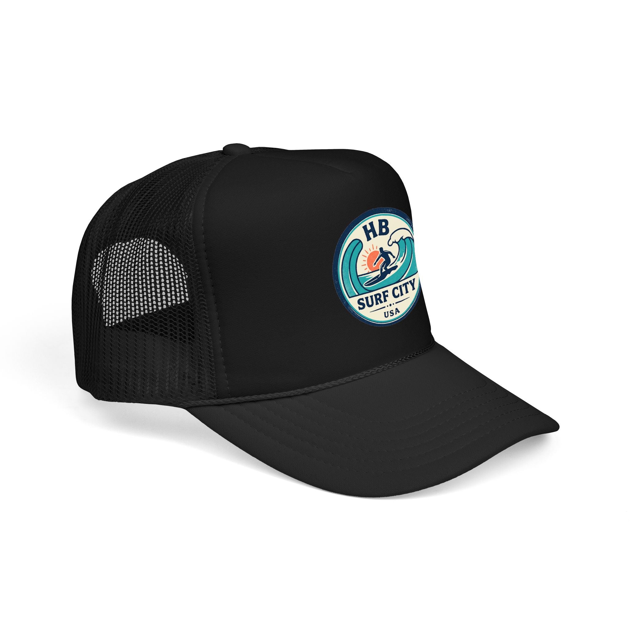Surf City HB Trucker Hat — Retro Wave Surf Patch Foam Cap